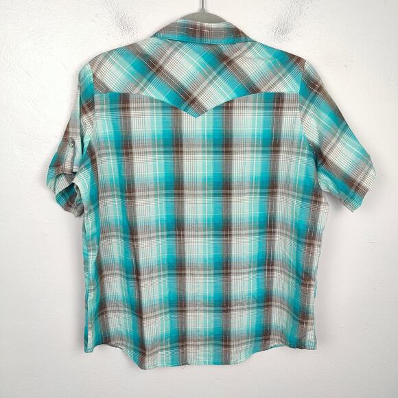 Wrangler Pearl Snap Shirt Womens XL Green Blue Plaid Western Cowgirl Metallic - Picture 3 of 6